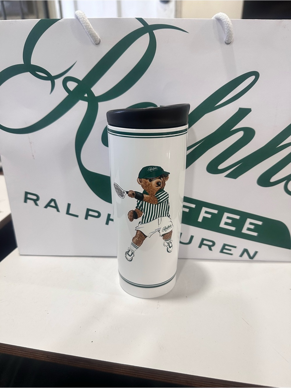 Ralph Lauren White & Green Tennis Bear Travel Tumbler